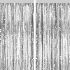 2 Pack Silver Metallic Tinsel Foil Fringe Curtains, Door Streamers Photo Booth B