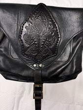 Vintage Bohemian Boho Tooled Leather Floral Embossed Black Crossbody Handmade