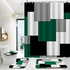 Green Bathroom Set with Shower Curtain and Rugs, 4 Piece Geometric A-green