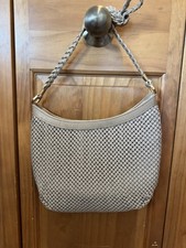 Women  s Beige Woven Shoulder Bag Braided Strap Gold Hardware Zip, Inner Pockets