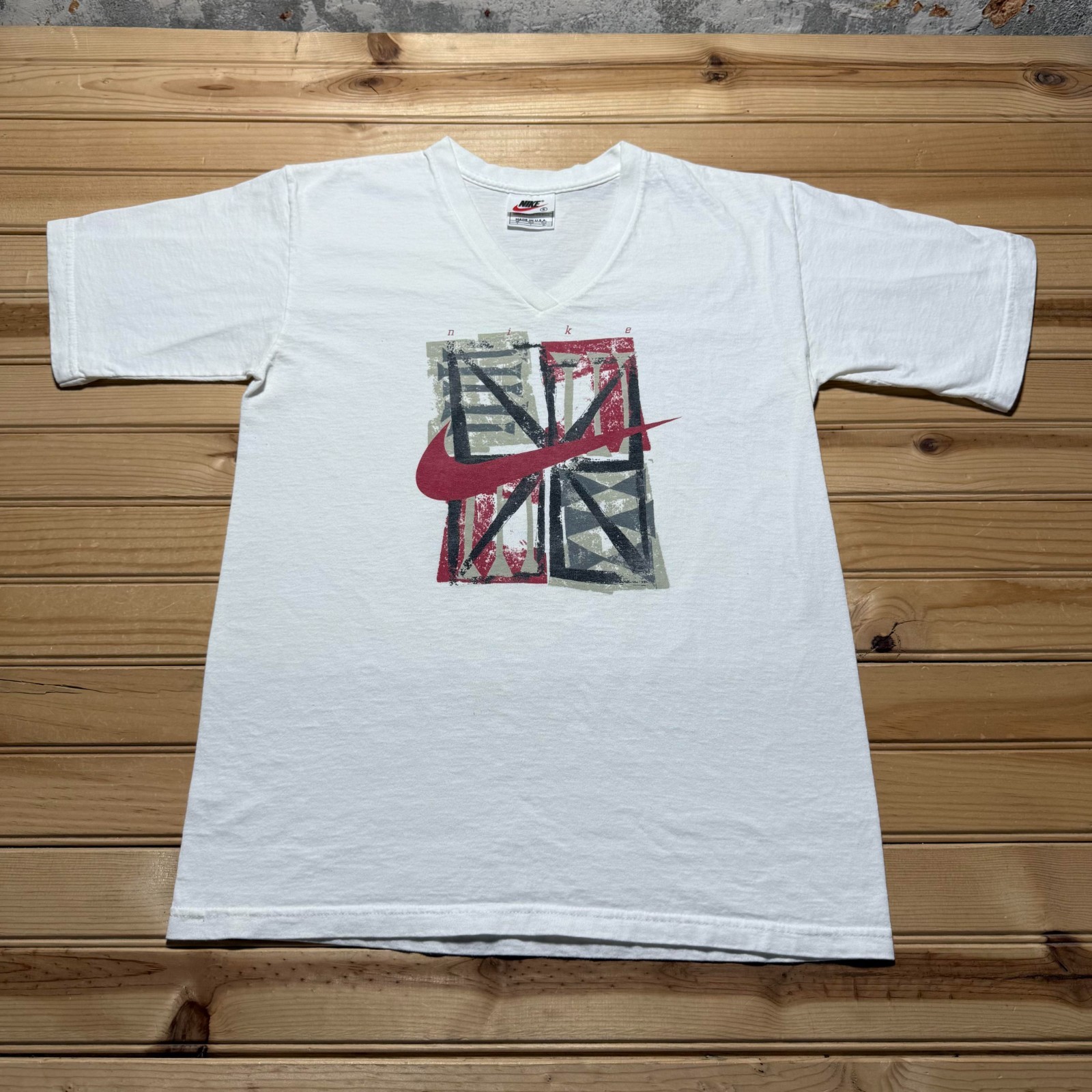 Vintage 90s Nike Sportswear Center Swoosh V-Neck Graphic T-Shirt USA Made Small