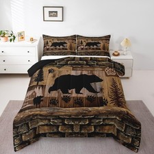 Cute Bear Bedding Set - Queen Size Rustic Cabin Country Comforter, Paw Wildli...