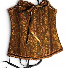 Vintage Orange/Black Brocade Lace-Up Corset Victorian Goth Bustier Size S