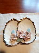 1940's TILSO Pink Roses Leaf Trinket Dish w/ Gold Trim. Hand Painted. Japan