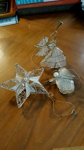 Retro Vintage Set Of 3 Capiz Shell Angels & Star Christmas Ornaments