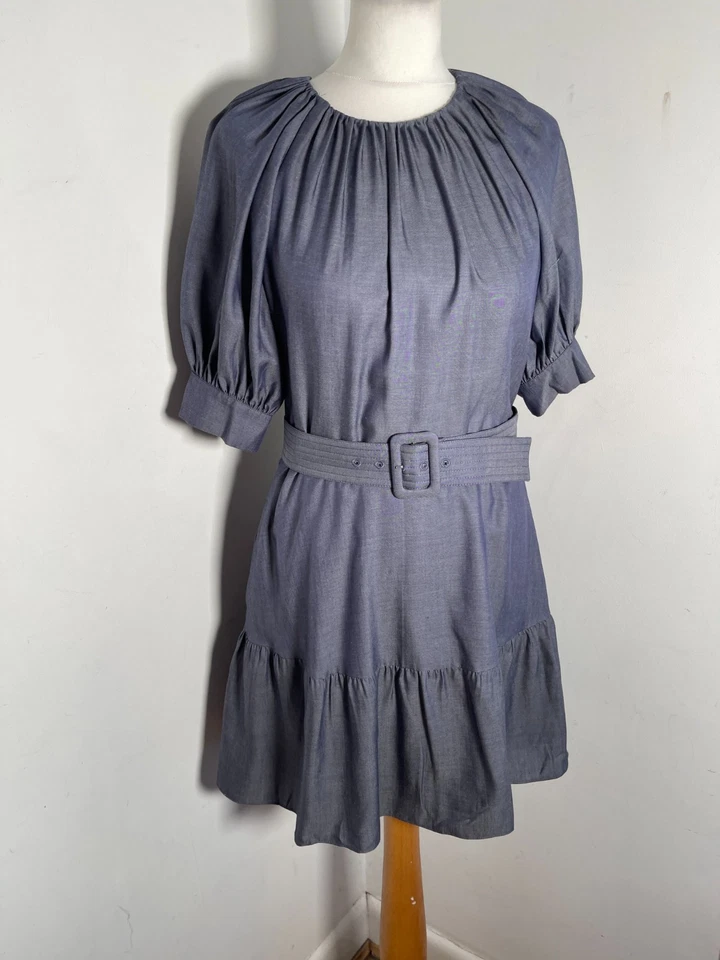 Ted Baker shirt mini dress 3 12 VGC drop waist belted navy chambray cute ruched - Image 2 of 4