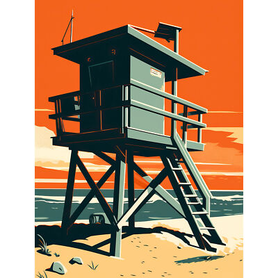 Lifeguard Tower Seascape Pastel Colour Beach Bathroom Art Canvas Print 18X24