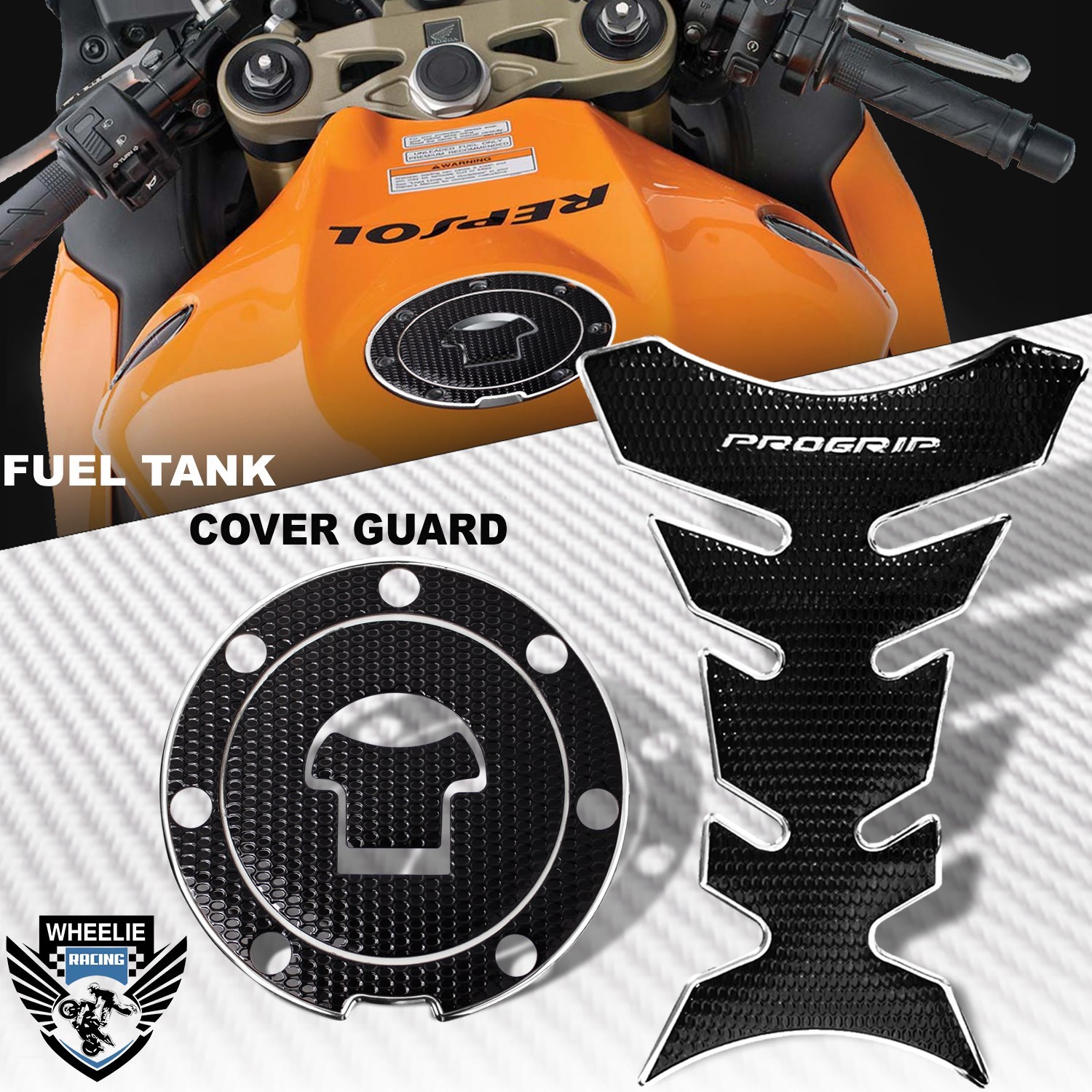 CHROME&BLACK PRO GRIP FUEL TANK PAD+GAS CAP COVER GUARD 0316 CBR