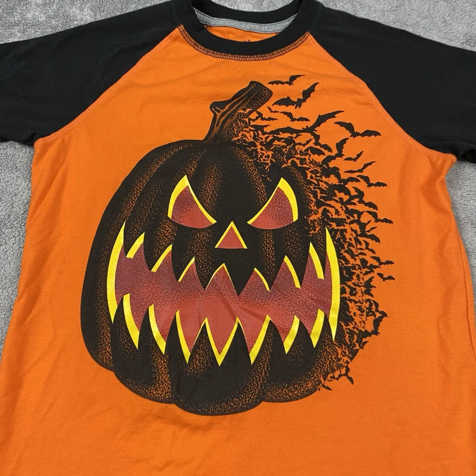Boys Large Orange Jack O' Lantern Halloween T-Shirt Glows Bat Pumpkin Tee Shirt - Image 2 of 4