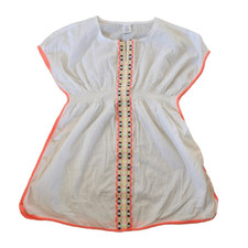 Girls large 10-12 100 cotton white boho swim cover braided trim neon swimming t