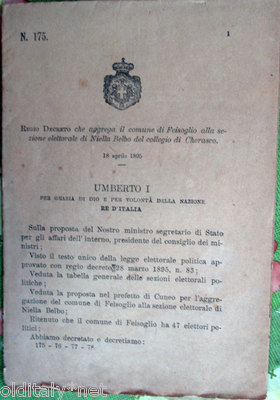   1895/175 Regio Erlass Die Aggrega Feisoglio A Niella Beldo Von Cherasco Keil