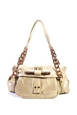 R & Y Augousti Crinkled Leather Double Wooden Link Handles Satchel Handbag Gold