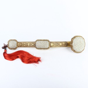 Antique Chinese Gilt Bronze set White Jade Ruyi Scepter Statue