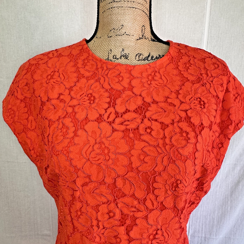 By Malene Birger Coral Red Floral Lace Overlay Blouse Cap Sleeve Top Sz L - Picture 4 of 13