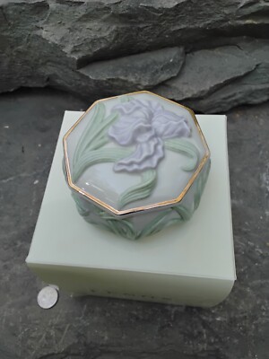 Lenox Iris Porcelain Trinket Box IOB, Gold Trim Raised Purple Iris & Leaves