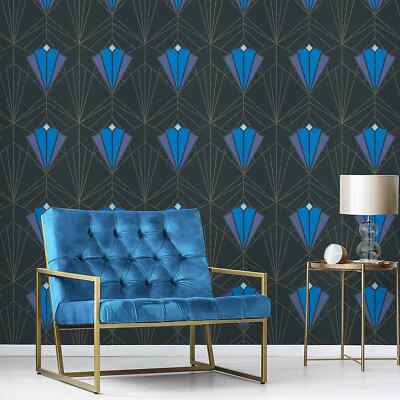 Debona Isadora Art Deco Retro Glitzer Struktur Schwarz Blau Gold Tapete 2492