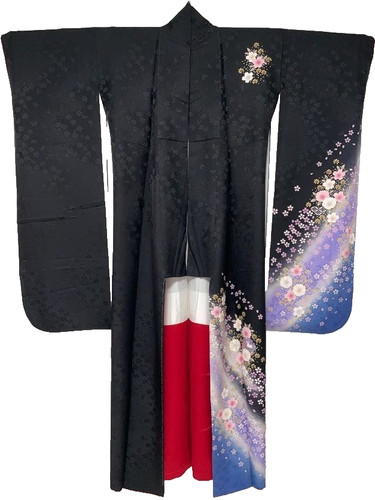 Vintage Japanese Kimono Furisode Silk Black Cherry Blossom Yuzen Robe Gown Coat