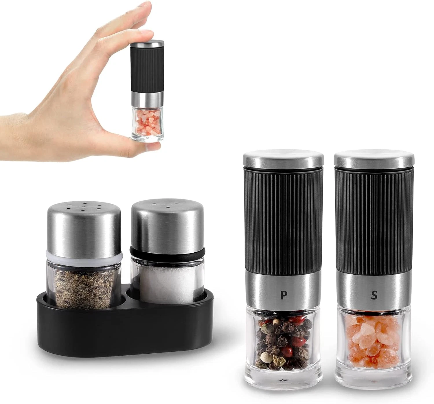 VEVOK CHEF Mini Salt and Pepper Grinder Set with 2 Small Salt and Pepper Shakers