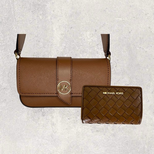 Michael Kors Tasche Crossbody Portmonee Jet Set Travel Greenwich Braun Leder Neu-image