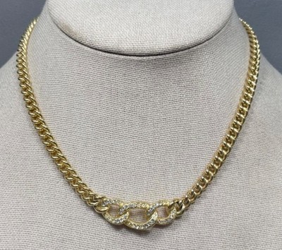 Vintage Christian Dior Gold Plated Curb Link Rhinestone Necklace Circa 1980s