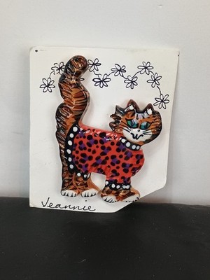 Cat Brooch Pin Clay Multicolor Handmade by Jeannie on Card ''Mined by Cats''