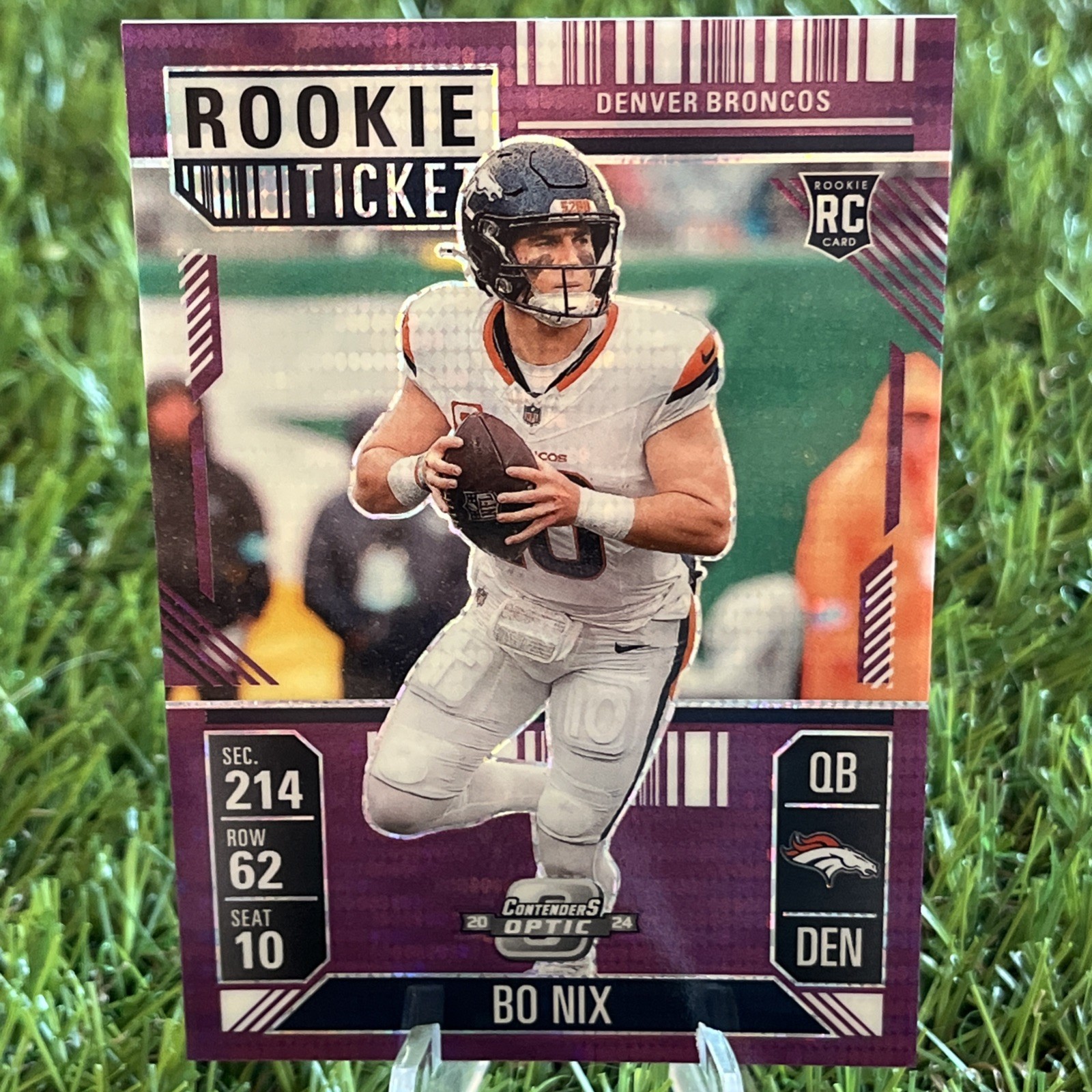 2024 Contenders Optic FOTL Bo Nix #62 Rookie Ticket Purple Pulsar /37 Broncos