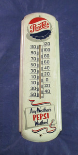 Vintage PEPSI COLA Thermometer Soda Bottle Cap Tin Sign 40s 50s Not Porcelain