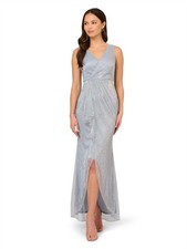 Adrianna Papell Women's Metallic Mesh Cascade High Low Sequin Gown Sky Blue 16