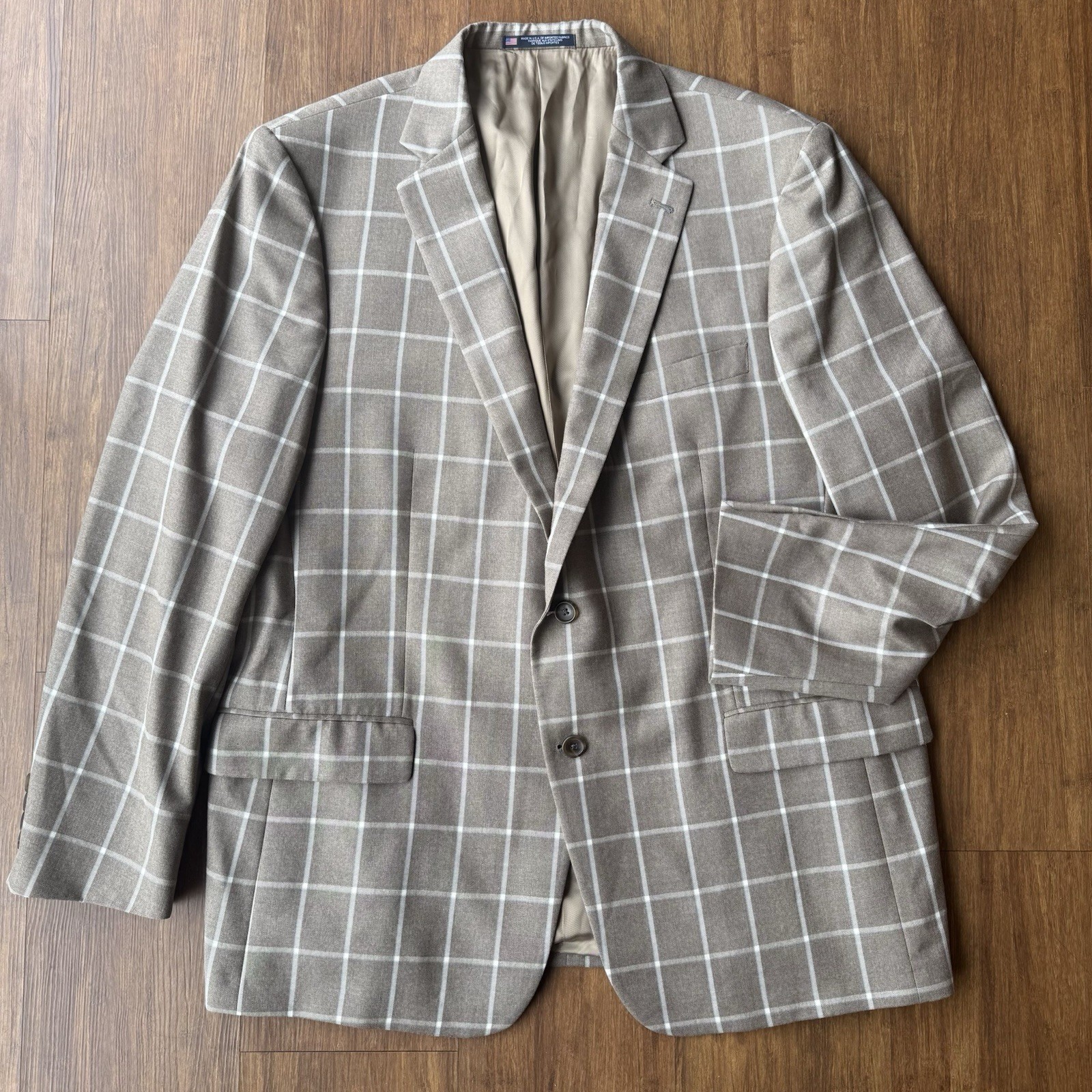 Hart Schaffner Marx Sport Coat Jacket Windowpane Plaid Mens 48 R Wool Brown Suit