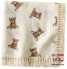 Cotton Muslin Swaddle Blankets with Tassel, Boho Bohimia Muslin Teddy Bears