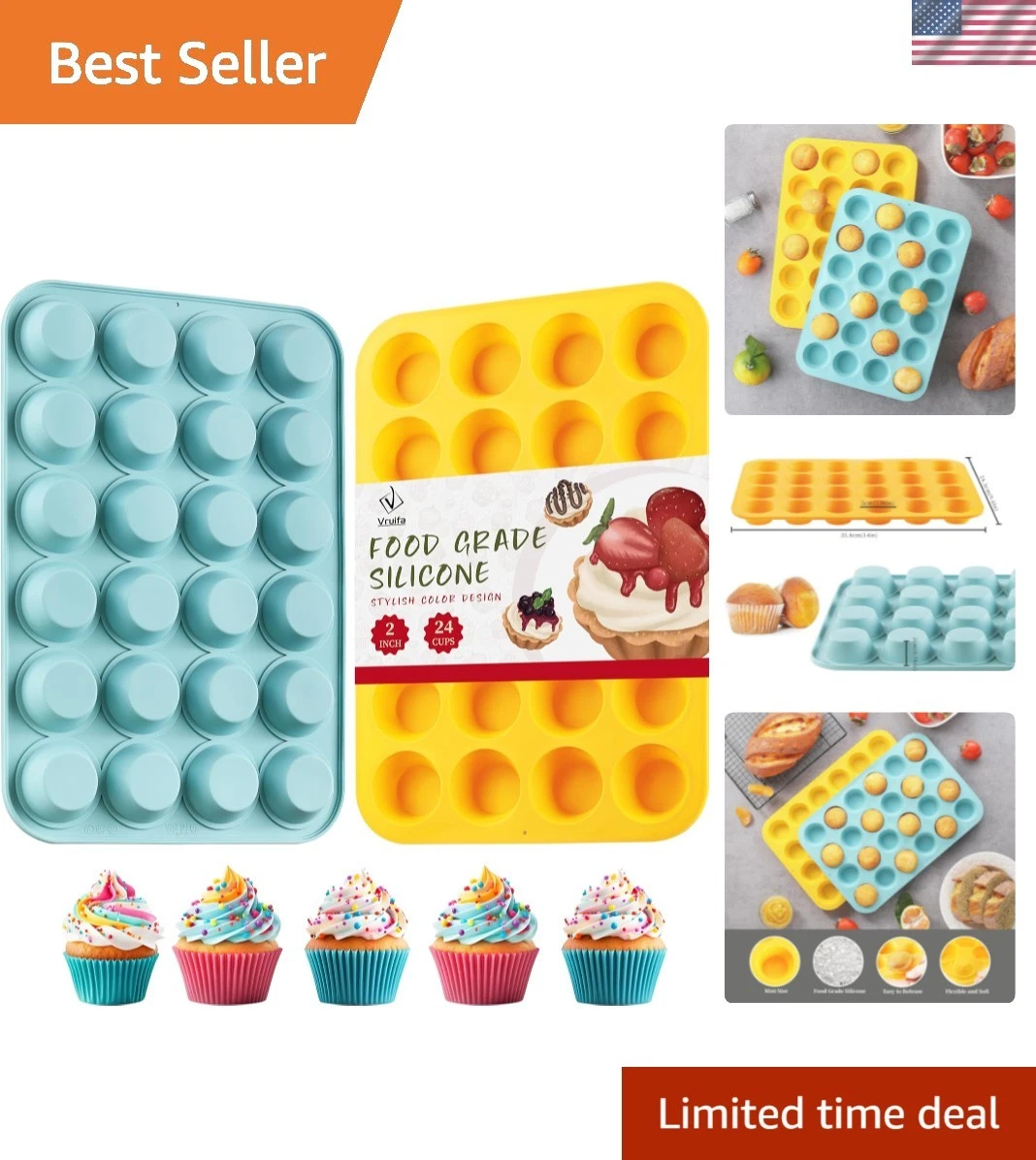 2PCS Silicone Mini Muffin Pan, 24 Cups Nonstick Mini Cupcake Pan for Baking, ...