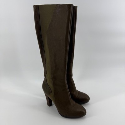 TSUBO Knee High Boots Womens 7 Tarian Olive Green Leather Side Zip Block Heel