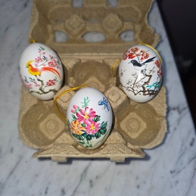 Vintage Hand Painted Decorative Easter Eggs Set 3 Floral Bird Hanging Ornaments