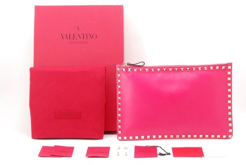 VALENTINO GARAVANI Clutch Bag Rock Stud Leather Purse  Pink　*Rank A*