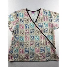 Disney Tinker Bell Scrub Top Womens Large White Pink Sassy Fairy Mock Wrap