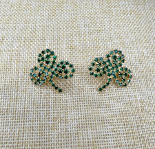 Vintage Shamrock Clover Green Prong Set Rhinestone Earrings St Patricks