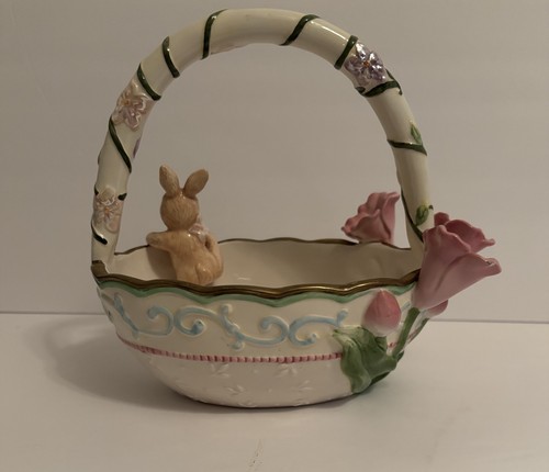 Avon Springtime Collection Ceramic Candy Basket 2002 Easter Decor Bunny Flowers