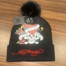 Ed Hardy Beanie Hat Black Skull Rose Faux Fur Pom Pom Rhinestones