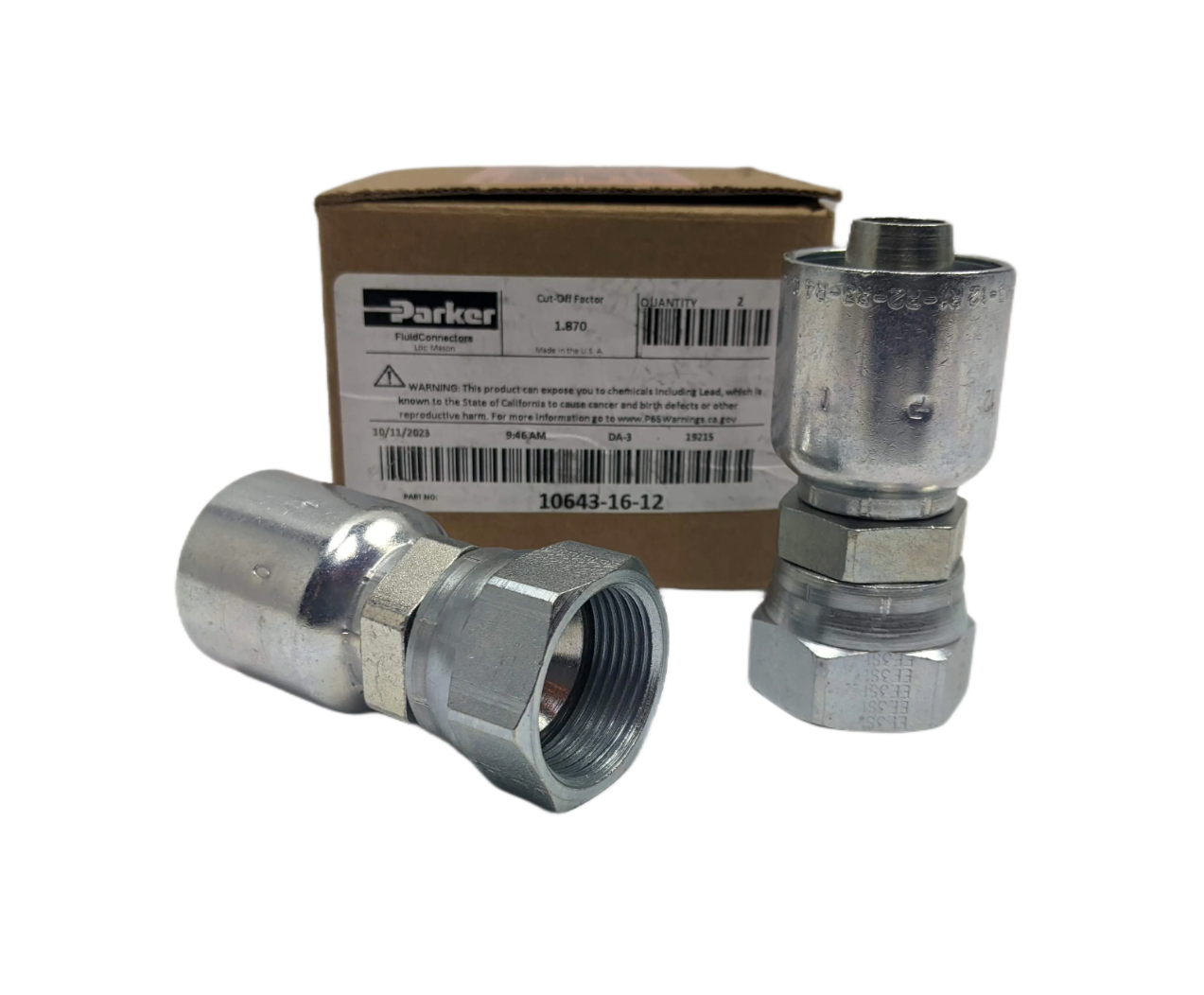 Raccord Droit Hydraulique Parker 1/2" Port X 3/4"-16 JIC Femelle - Réf. 10643-8-8