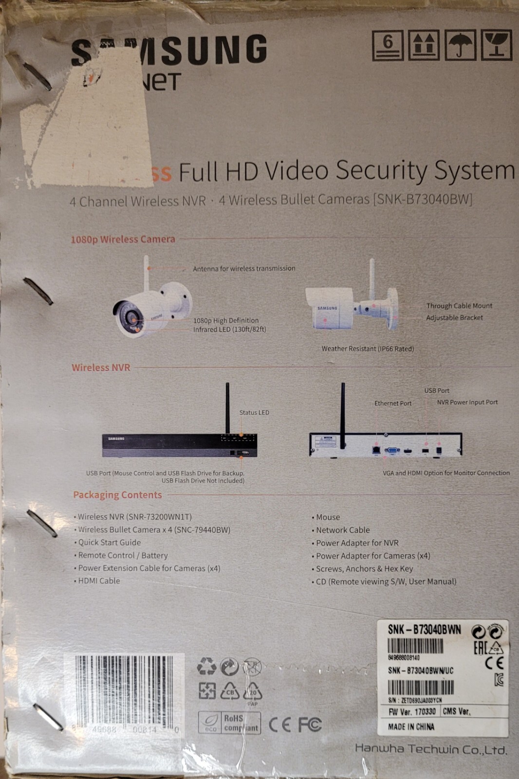 New Samsung Wisenet Security System 4 Cameras SNK-B73040BWN Wireless NVR 