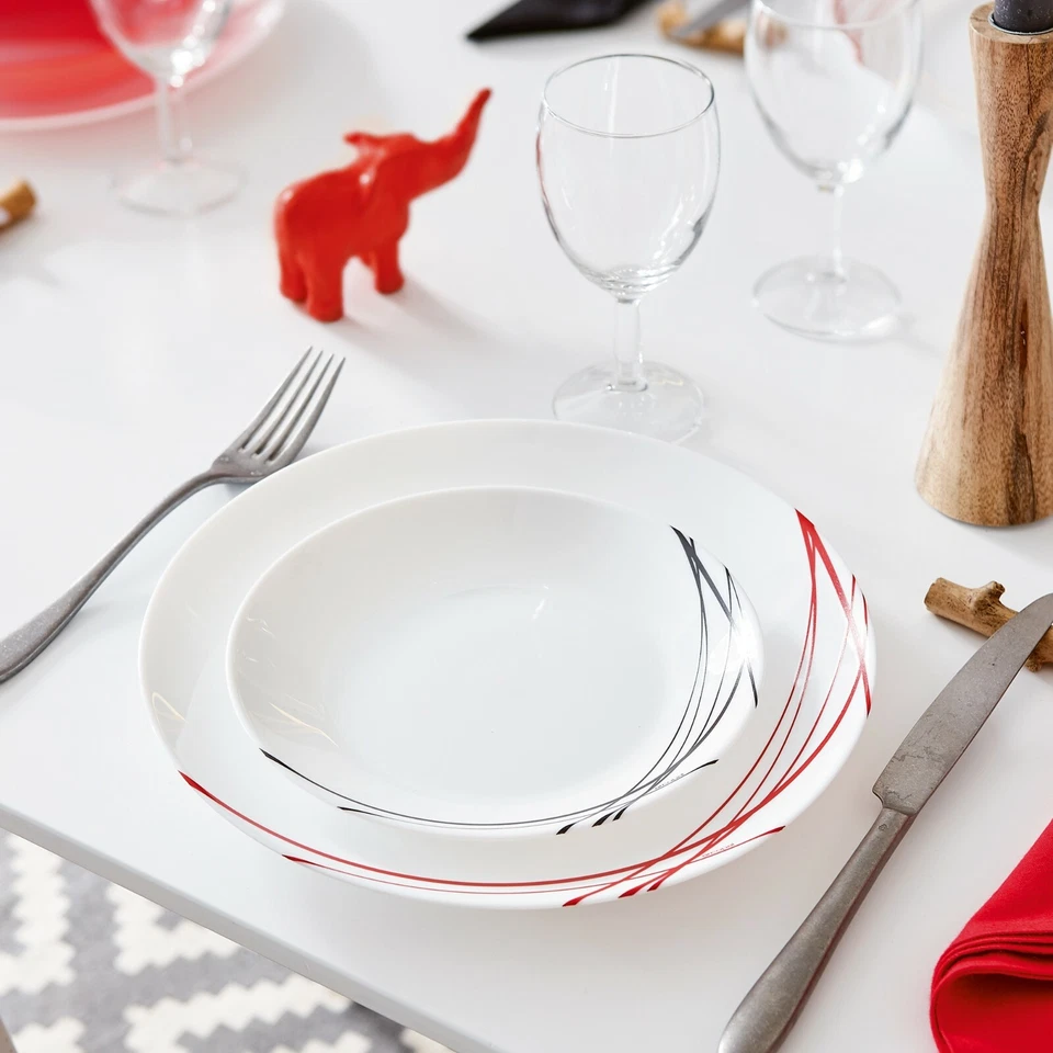 Arcopal By Luminarc Domitille 18pc Opal Glass Black Red Lined Dinner Set Plates - Image 4 of 4