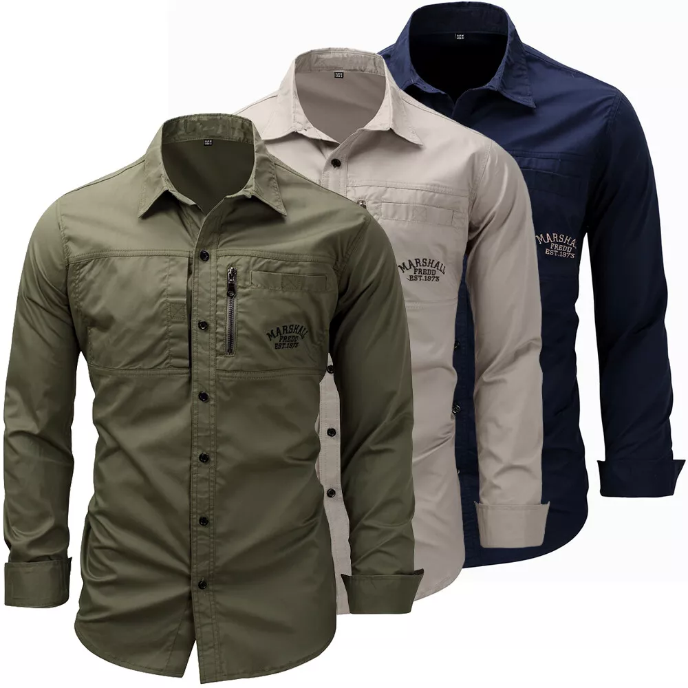 New Men Multi-pocket Work Shirt Long Sleeve Casual Cargo Shirts with  Embroidered