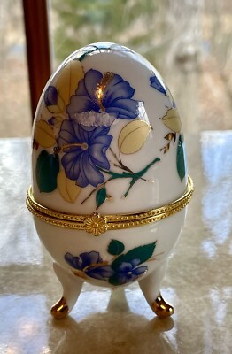 Egg Shaped Footed Blue and Yellow Floral Trinket Box With Gold Trim