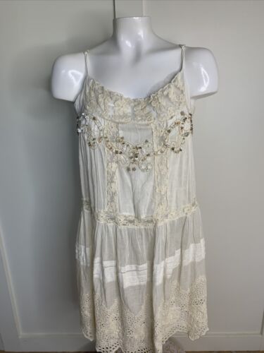 ANTICA SARTORIA Boho Sleeveless Beaded Lace Gauze Tiered Dress Sz 2 White
