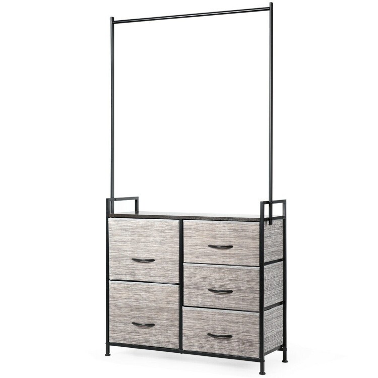 Metal Frame Dresser with Wooden Top & 5 Fabric Drawers - Closet Storage Organizer-image