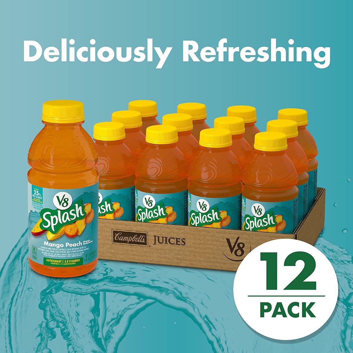 V8 Splash Mango Peach Flavored Juice Beverage, 16 FL OZ Bottle