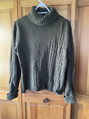 Liz CLAIBORNE Women Turtleneck Cable Knit Cotton Olive Sweater Petites Size  M
