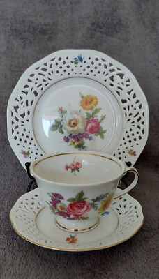Marienbad, Porzellan Sammelgedeck Kaffeegedeck 3 tlg. Durchbruch Blumen