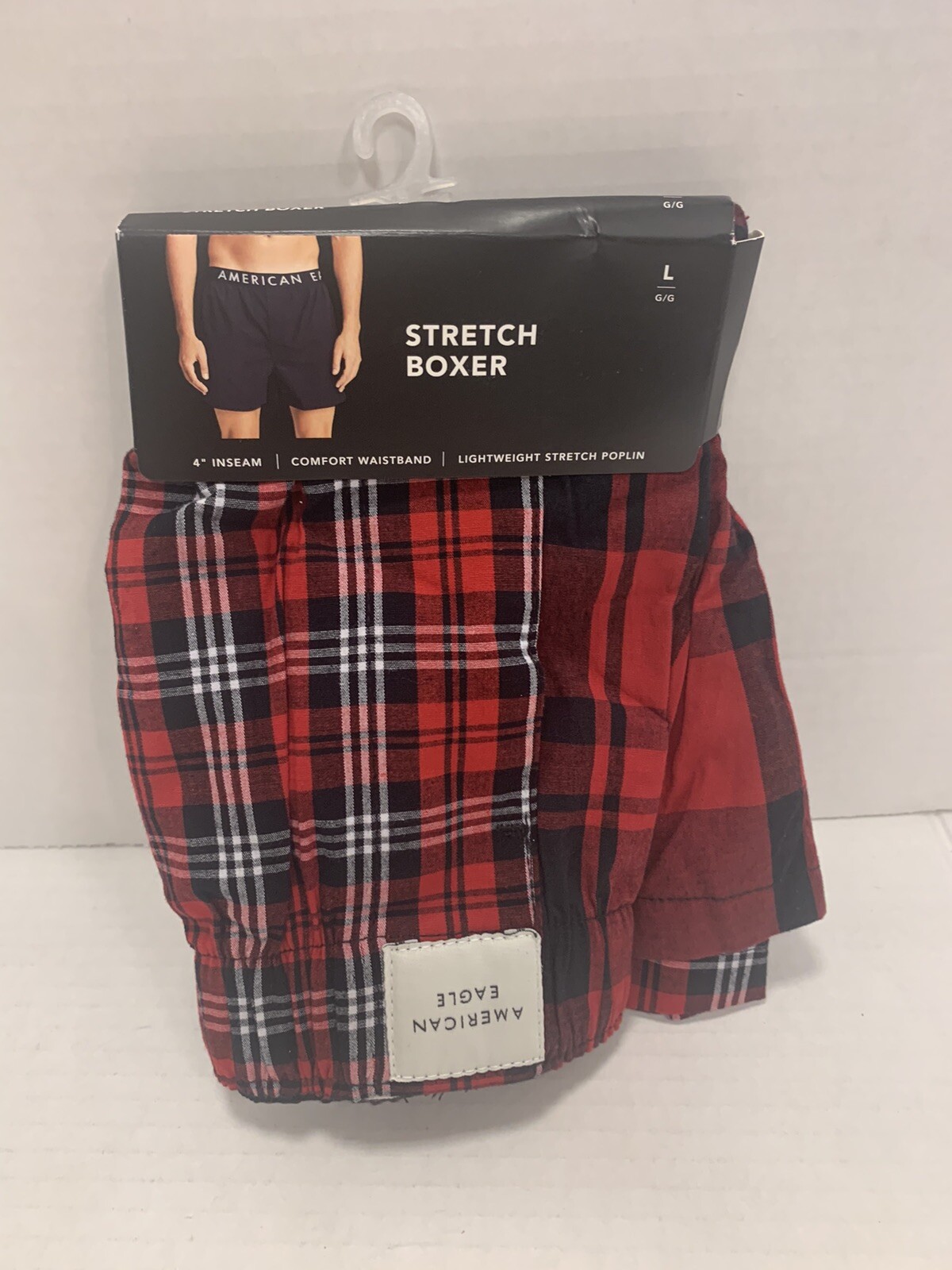 LOT OF 2MENSAMERICAN EAGLEEGGPLANT & RED PLAID STRETCH BOXERSSIZE L