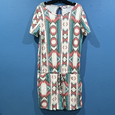 Crazy Train Aztec Southwest Design Romper Elastic Tie Waist Pockets Women Large